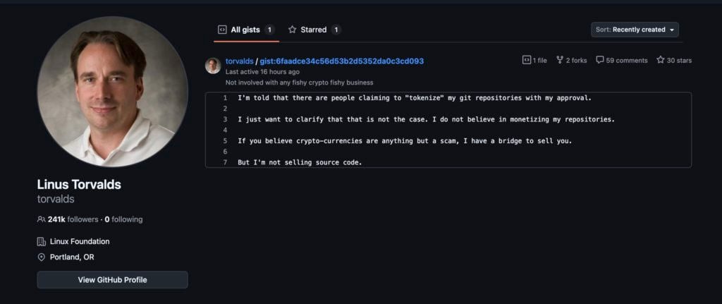 Linux 창립자 Torvalds 반박 거짓 토큰화에 대한 소문: 승인되지 않았으며, 오픈 소스는 통화계에서 과장된 도구가 되어서는 안 됩니다